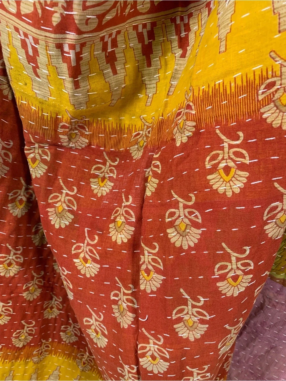 Handmade Kantha Quilt Twin Size Recycled Sari Cotton Grey Mustard Rust Black